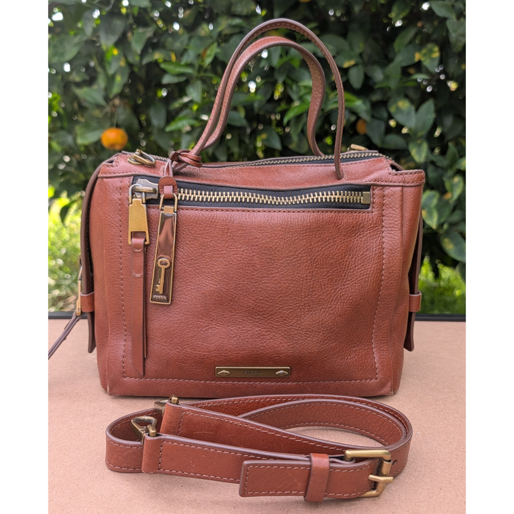 Fossil Bella Satchel Brown Leather Crossbody Bag Gold Hardware Straps